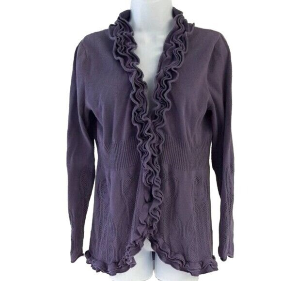 ELLE Womens Cardigan Sweater Purple Size Small Cutout Ribbed Ruffle Long Sleeve - Picture 1 of 7